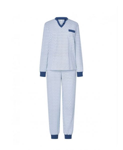 Women's long pyjamas, blue oval printed jacket with cuffs, contrasting V-neck, oval long trousers with cuffs.