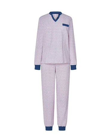 Women's long pyjamas, pink oval printed jacket with cuffs, contrasting V-neck, oval long trousers with cuffs.