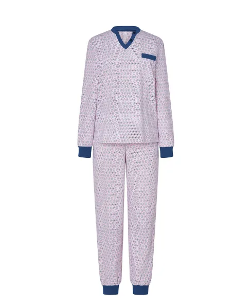 Women's long pyjamas, pink oval printed jacket with cuffs, contrasting V-neck, oval long trousers with cuffs.