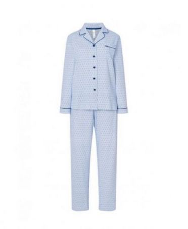 Women's long pyjamas, open jacket with buttons, blue oval print, oval long trousers.