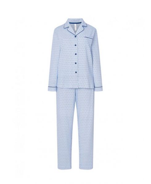 Women's long pyjamas, open jacket with buttons, blue oval print, oval long trousers.