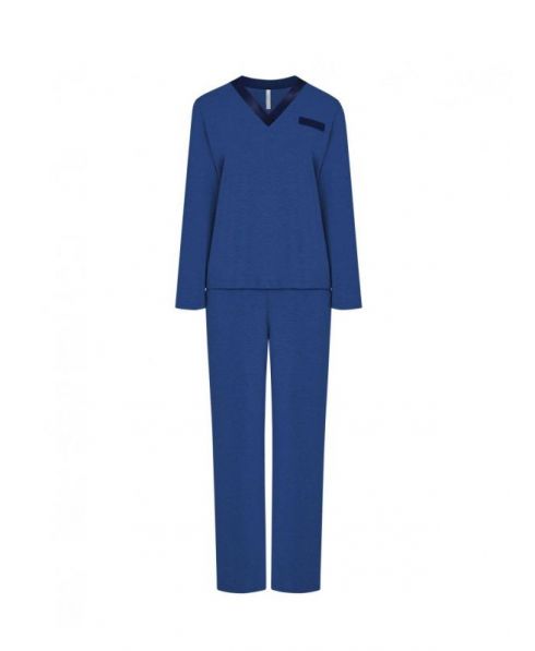 Women's navy modal long pyjamas, plain jacket with V-neck, plain long trousers.