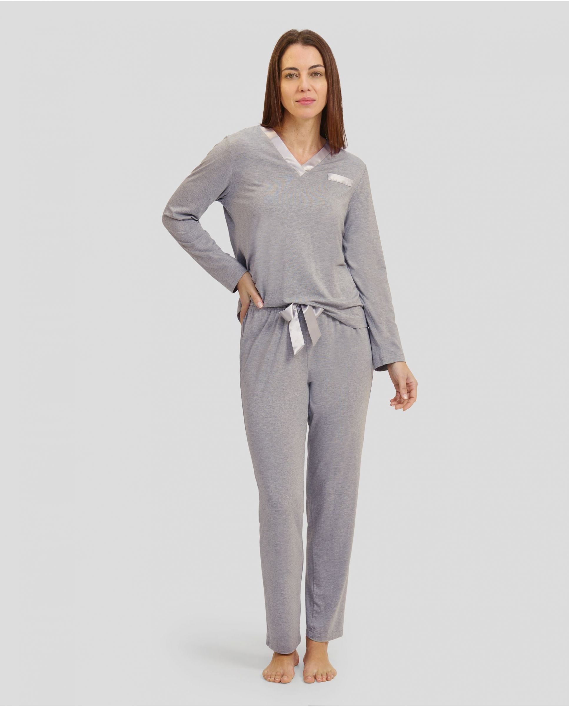 Women's plain grey modal winter pyjamas with contrasting V-neck in satin