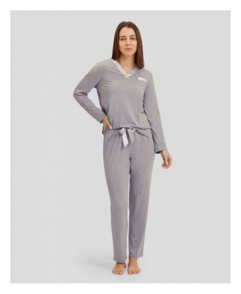 Women's plain grey modal winter pyjamas with contrasting V-neck in satin