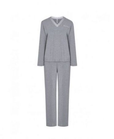 Grey women's long pyjamas, plain jacket with V-neck, plain long trousers.