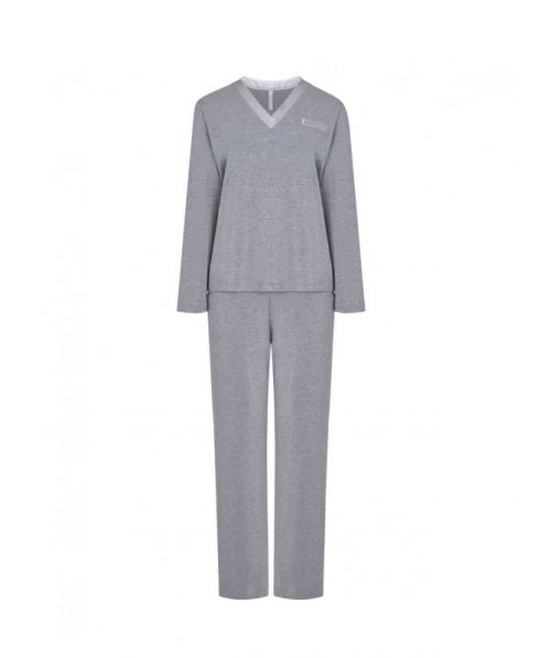 Grey women's long pyjamas, plain jacket with V-neck, plain long trousers.