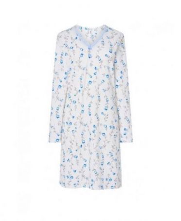 Women's long nightdress, light blue floral print, V-neck with lace.