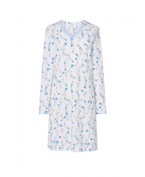 Women's long nightdress, light blue floral print, V-neck with lace.