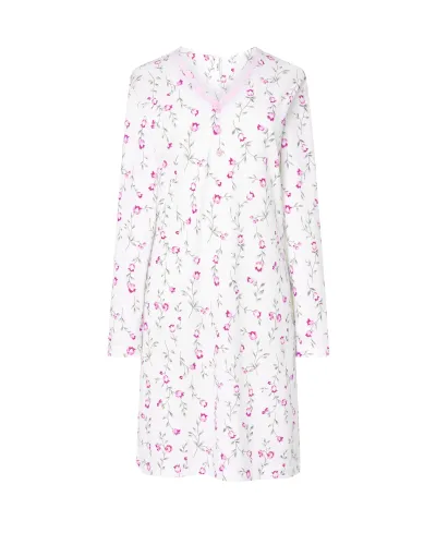 Women's winter nightgown with pink flowers and lace collar