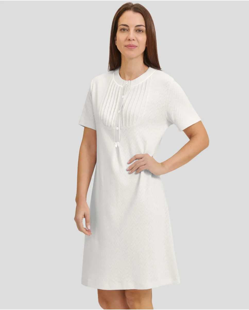 Woman in ivory lingerie nightdress with short sleeves for winter