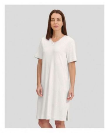 Woman in ivory short sleeve lingerie nightgown