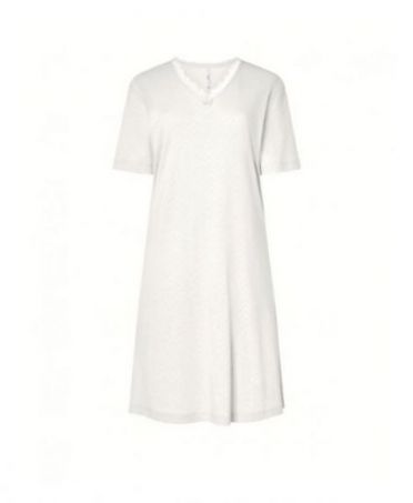 Women's ivory jacquard long nightdress, short sleeves, V-neck, lace with bow.