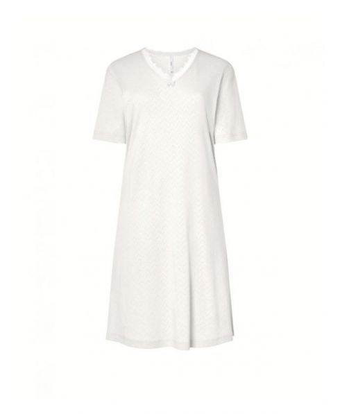 Women's ivory jacquard long nightdress, short sleeves, V-neck, lace with bow.