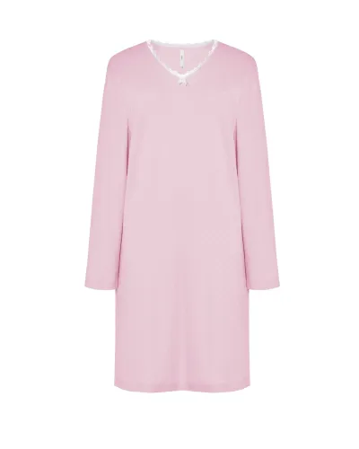 Woman in pink long-sleeved winter lingerie nightgown with V-neck and lace collar