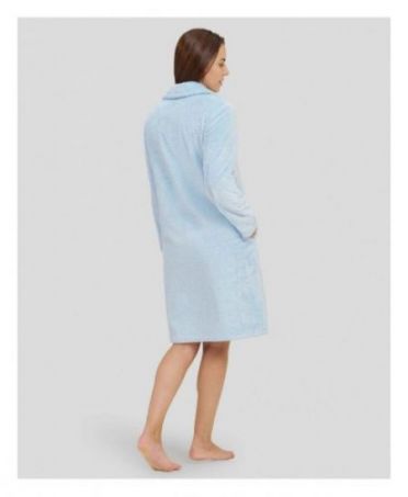 Rear view of light blue winter dressing gown with pockets for women light blue