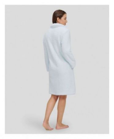 Rear view of light blue sheepskin long coat with pockets