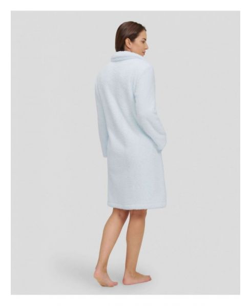 Rear view of light blue sheepskin long coat with pockets