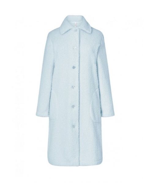 Women's long coat, light blue sheepskin fabric, open with buttons, side pockets.