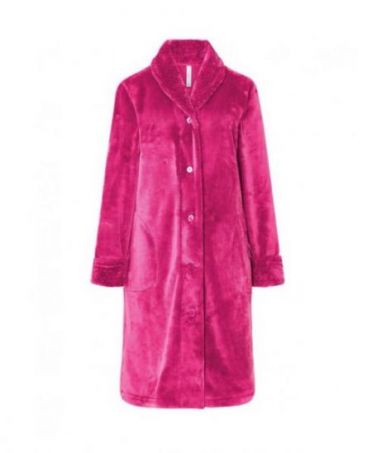 Women's long dressing gown, flannel fabric, open with buttons, side pockets. fuchsia colour