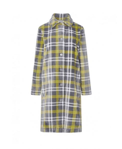 Women's long coat, check flanell, open with buttons and side pockets.