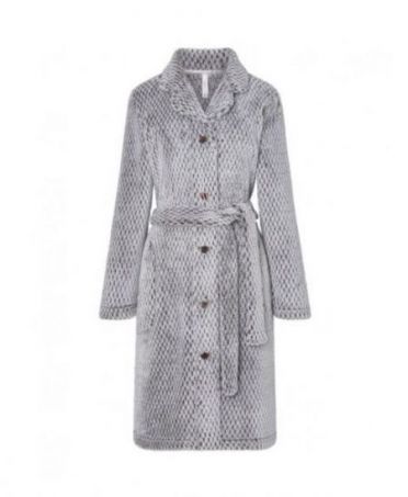 Women's long coat, jacquard braid, lapel collar, open with buttons and belt, side pockets.