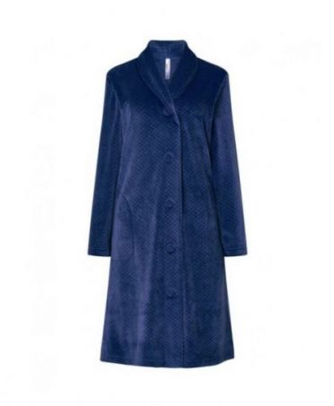 Women's velvet jacquard velvet long dressing gown, open with buttons, side pockets, navy colour.