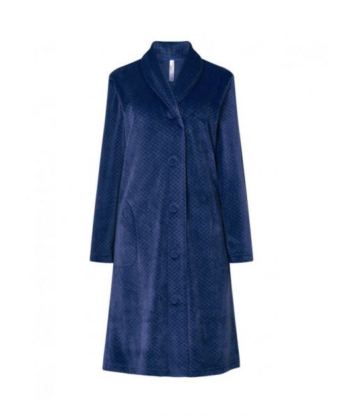 Women's velvet jacquard velvet long dressing gown, open with buttons, side pockets, navy colour.