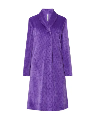 Women's purple velvet winter long dressing gown, buttoned with pockets