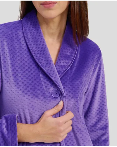 Women's purple velvet winter long dressing gown, buttoned with pockets