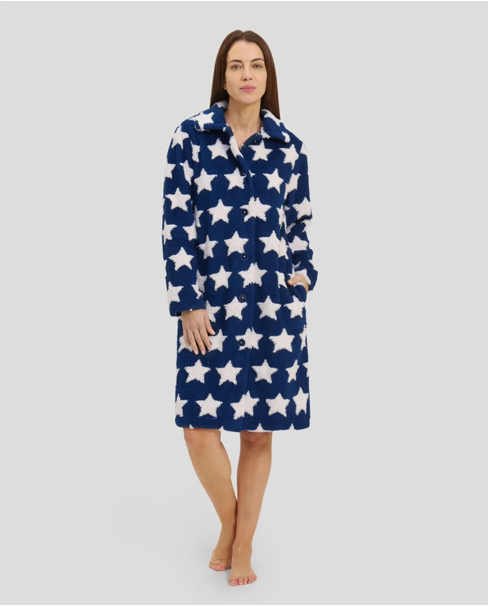 Women's long open navy dressing gown with star print buttons