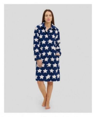 Women's long open navy dressing gown with star print buttons