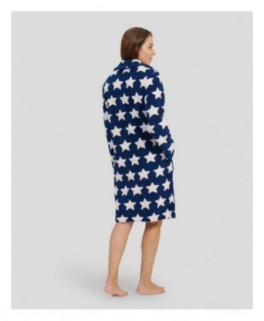 Rear view of women's winter dressing gown with star print and side pockets