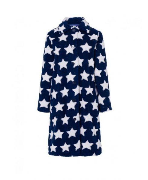 Women's long dressing gown, open with buttons, star print with side pockets.