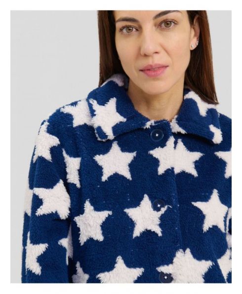 Women's navy winter open coat collar detail with white stars