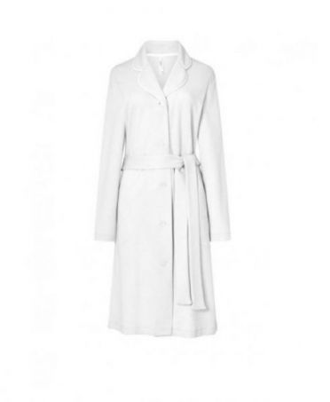 Ivory women's long buttoned coat, jacquard woven, with lapel collar, belt and long sleeves.