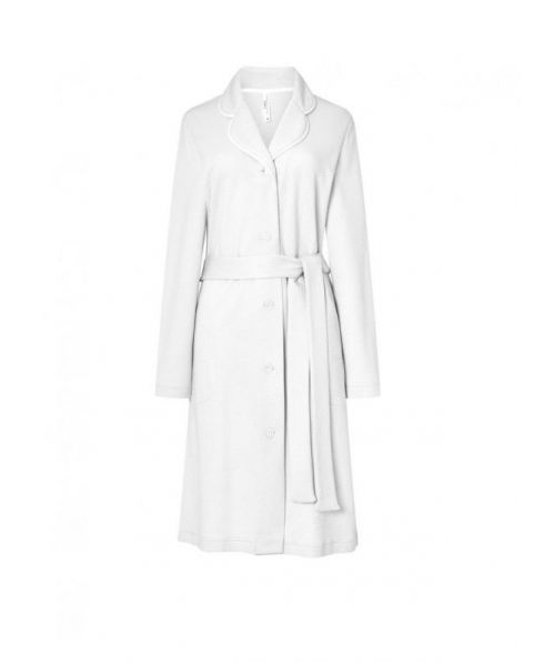 Ivory women's long buttoned coat, jacquard woven, with lapel collar, belt and long sleeves.