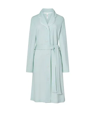 Women's soft green buttoned long dressing gown, jacquard fabric with lapel collar, belt and long sleeves.