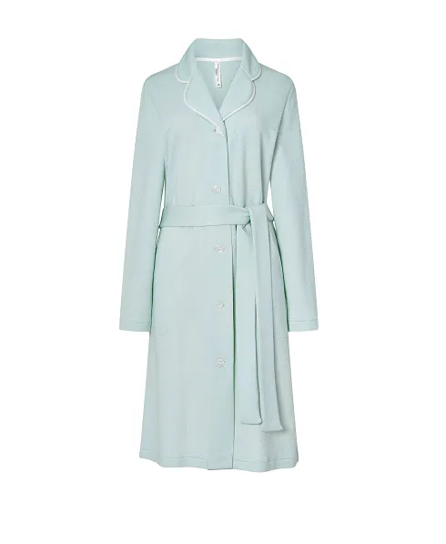 Women's soft green buttoned long dressing gown, jacquard fabric with lapel collar, belt and long sleeves.