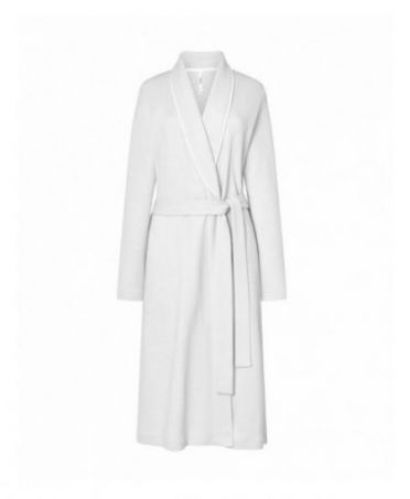 Women's long dressing gown, ivory jacquard woven, with belt, smocking collar, long sleeves.