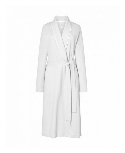 Women's long dressing gown, ivory jacquard woven, with belt, smocking collar, long sleeves.