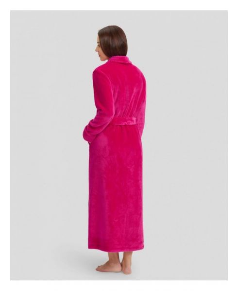 Rear view of fuchsia flannel long dressing gown with pockets