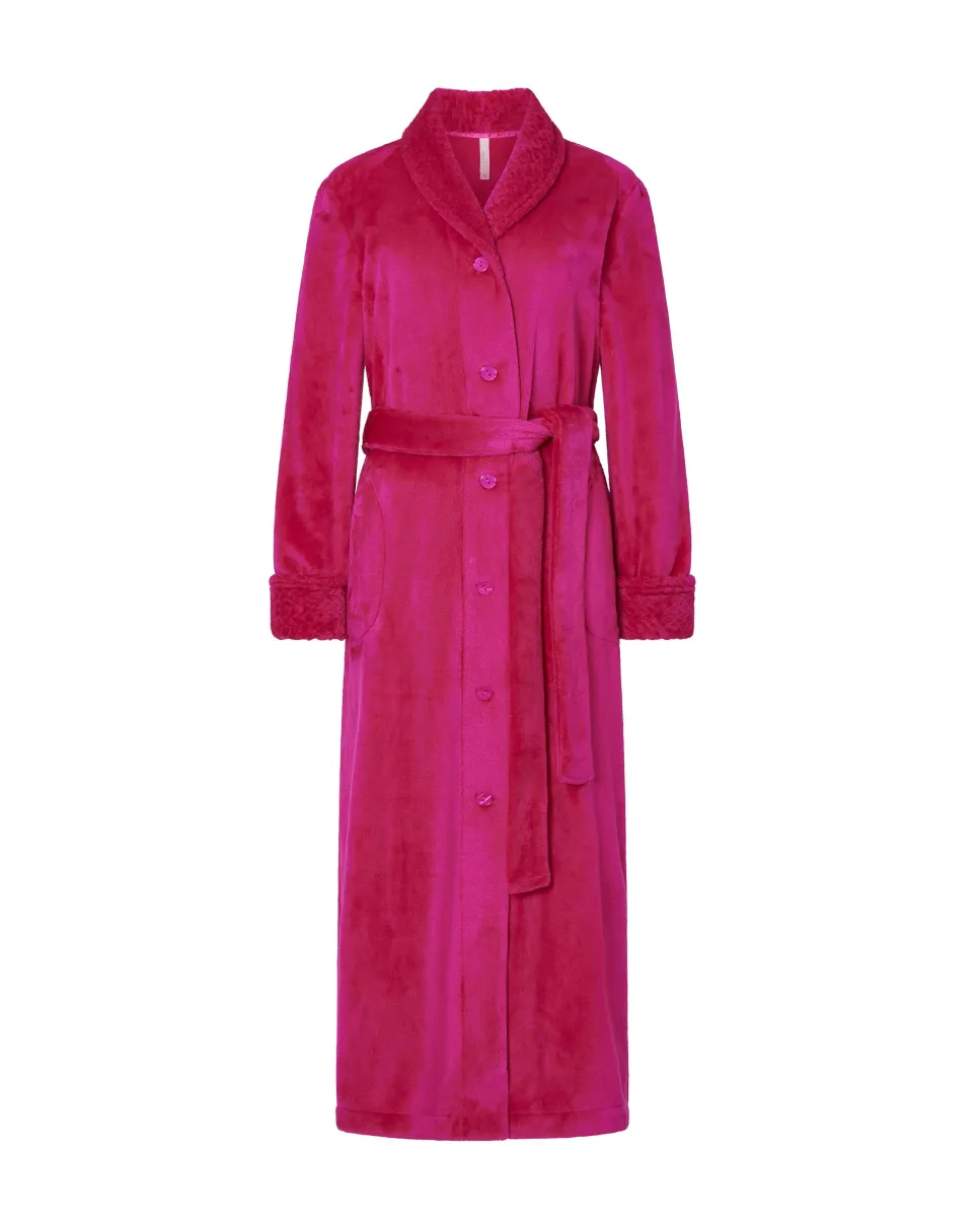 Fuchsia women's long coat, flannel fabric, double breasted with buttons and belt, side pockets.