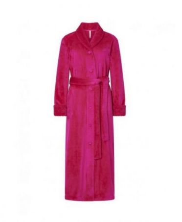 Fuchsia women's long coat, flannel fabric, double breasted with buttons and belt, side pockets.