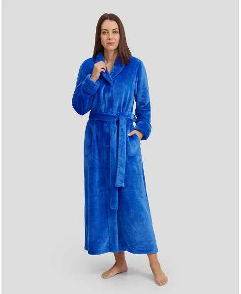 Women's long flannel double-breasted coat with royal blue belt and cuffs.