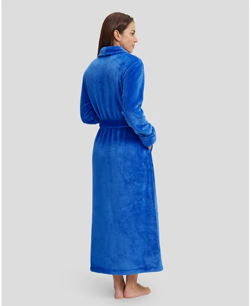 Rear view of royal blue long dressing gown with pockets