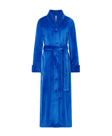 Women's royal blue long coat, flannel fabric, double breasted with buttons and belt, side pockets.