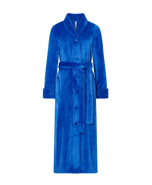 Women's royal blue long coat, flannel fabric, double breasted with buttons and belt, side pockets.