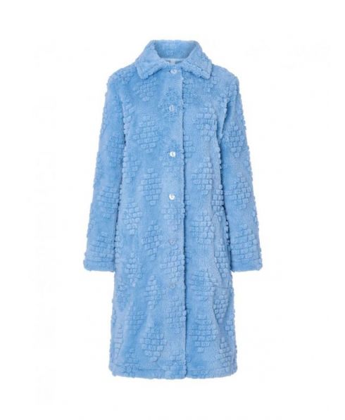 Women's long coat, light blue jacquard fabric, buttoned with side pockets.