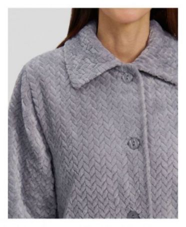 Grey herringbone woven winter dressing gown buttoned collar detail for women