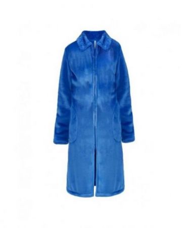 Women's long dressing gown, plain fabric with zip, jacquard collar and side pockets.